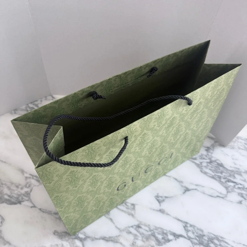 Gucci Large Green Damask Paper Shopping Bag Authentic Rope Handles 19x14x6.5